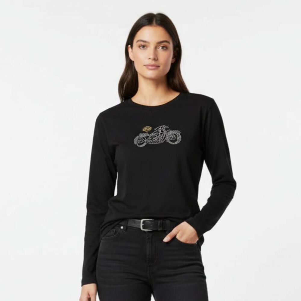 Harley Davidson Black Vintage Long Sleeve Embellished Pensacola FL Tee T Shirt M